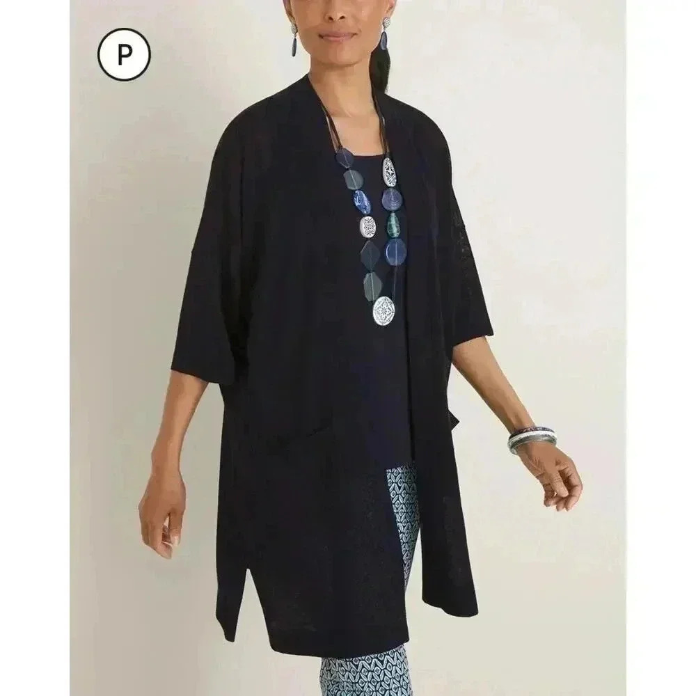 Chico's Navy Blue Two-Pocket Open-Front Cardigan Lightweight Open Size XSP